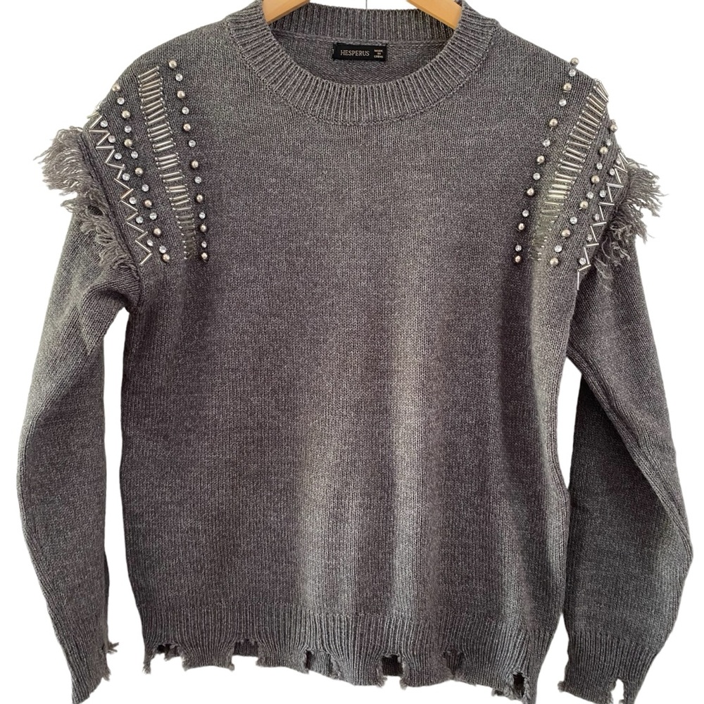 HESPERUS Sweater Beaded Bling Fringe Grey Raw Distressed Size Medium